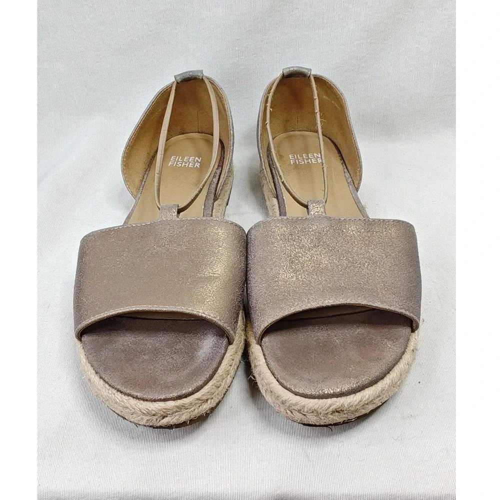 Eileen Fisher Mews Espadrille Sandals 7.5 Bronze Metallic Leather Strappy Flat‎